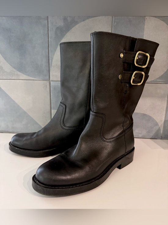 Mango Shoes - MNG black & gold buckle hardware moto boots- calf length EU 39 (US 8.5)